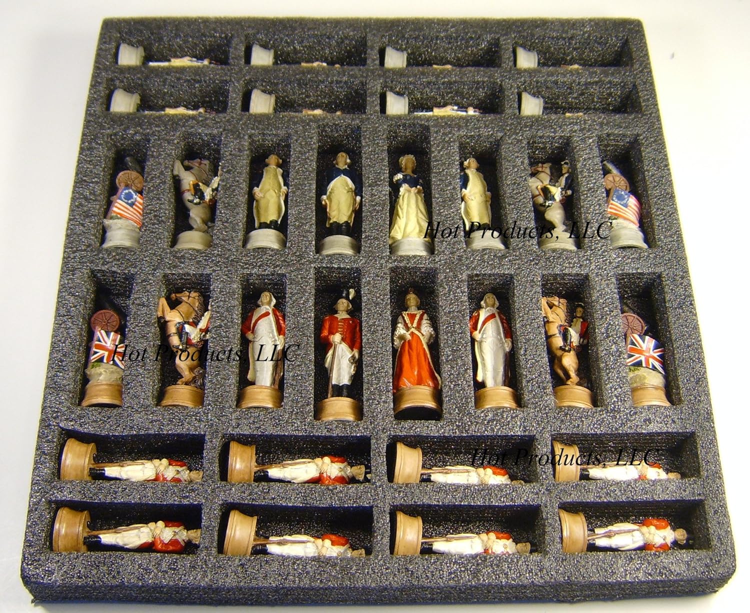 Juego de ajedrez de guerra de independencia revolucionaria americana con tablero de color cereza y Burlwood de 18 pulgadas