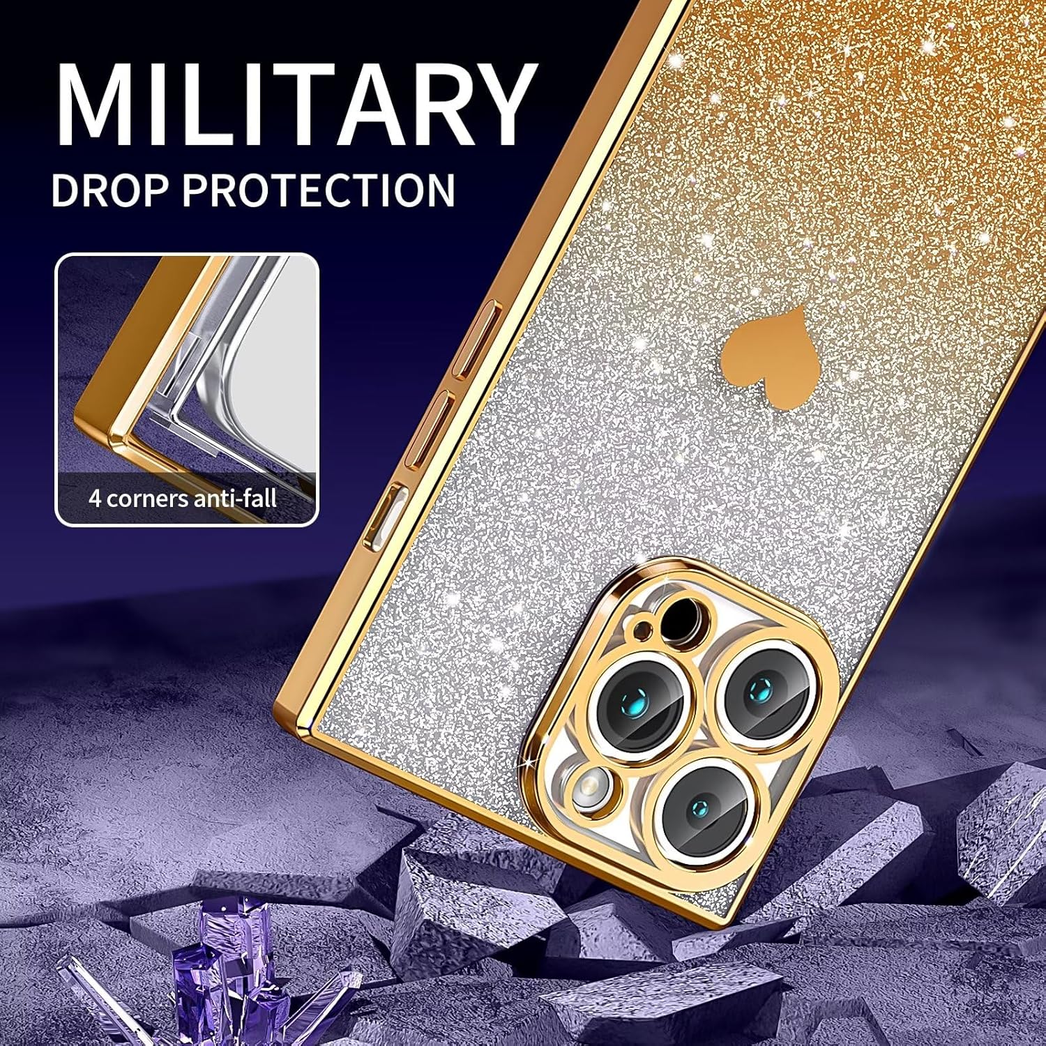 Tzomsze Funda compatible con iPhone 15 Pro con purpurina degradado, transparente y brillante con bonito patrón de corazón, protección completa de