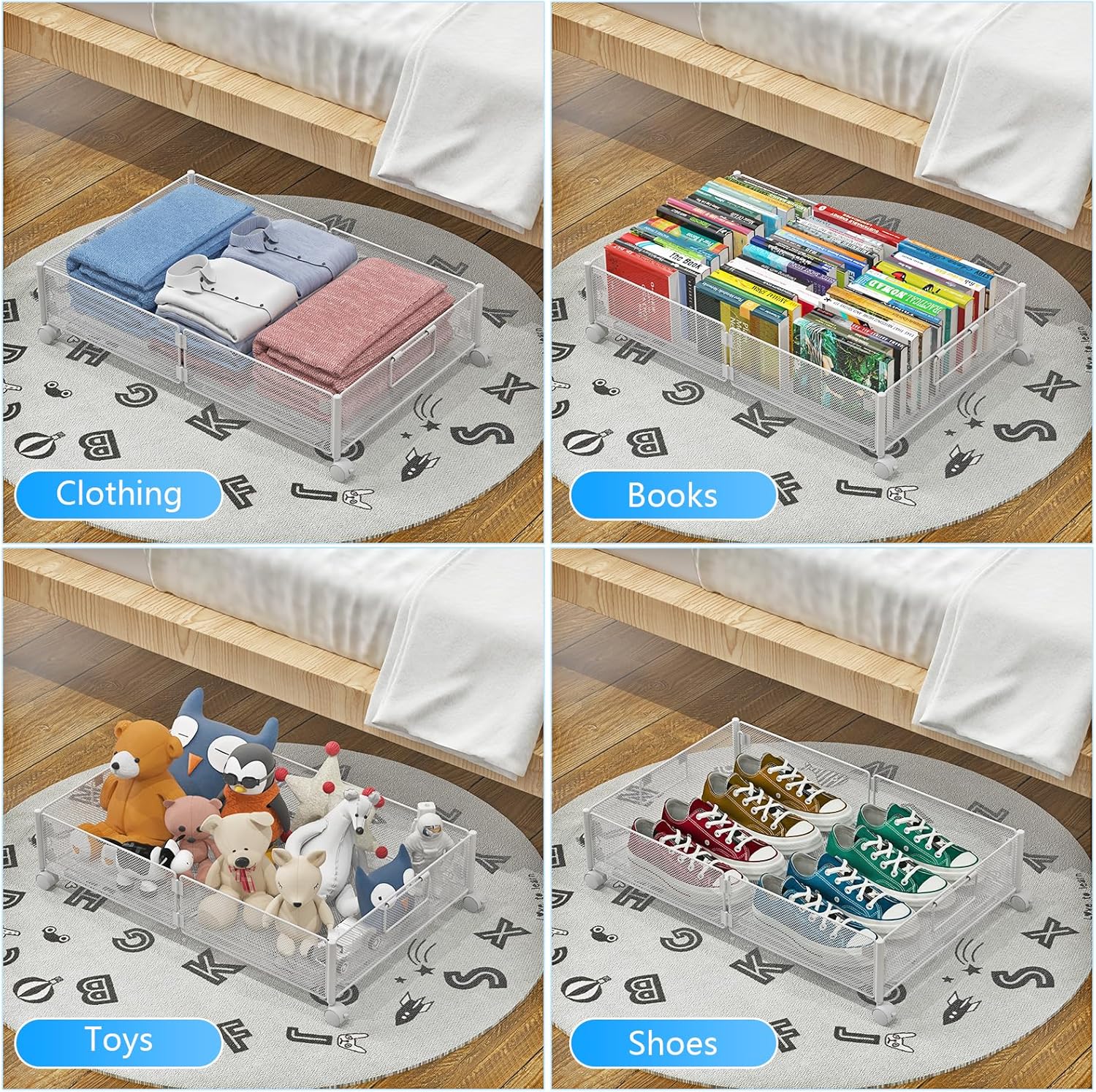 Contenedores de almacenamiento debajo de la cama, almacenamiento debajo de la cama con ruedas, organizador de zapatos debajo de la cama con asas,