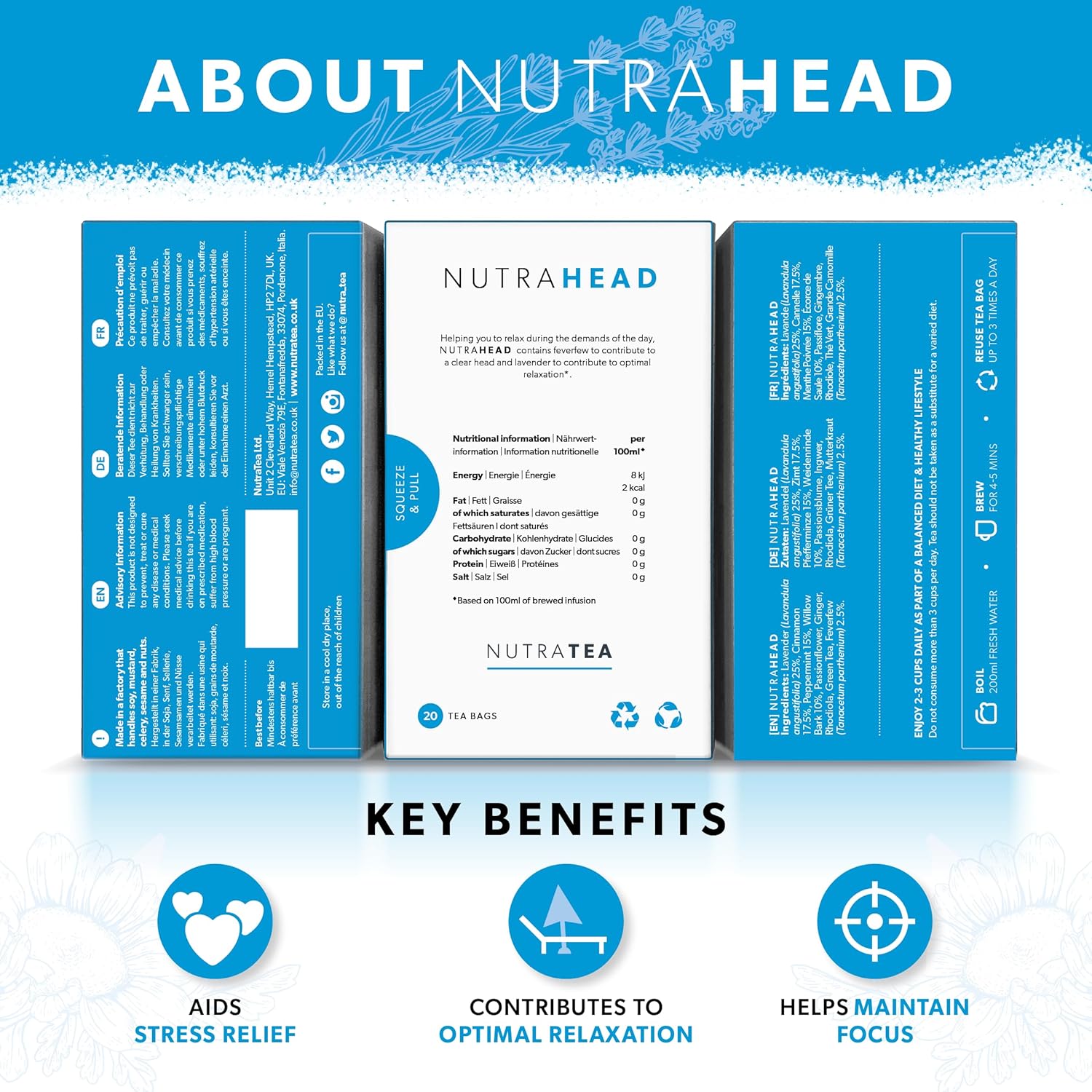 NUTRAHEAD – Té para aliviar la migraña  Té para aliviar el dolor de cabeza  para aliviar la migraña y la tensión  Incluye matricaria, corteza de