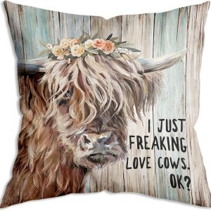 ZNGFON Funda de almohada con texto en inglés “I just freaking love cows, ok Highland Cow Art Farmhouse – Decoración vintage para regalos y ZNGFON Funda de almohada con texto en inglés “I just freaking love cows, ok Highland Cow Art Farmhouse – Decoración vintage para regalos y