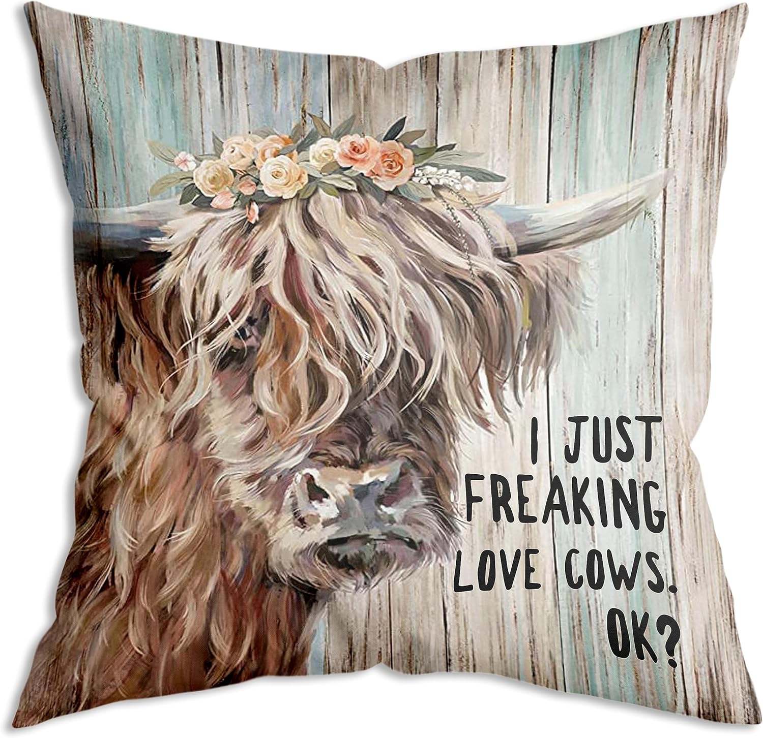 ZNGFON Funda de almohada con texto en inglés “I just freaking love cows, ok Highland Cow Art Farmhouse – Decoración vintage para regalos y