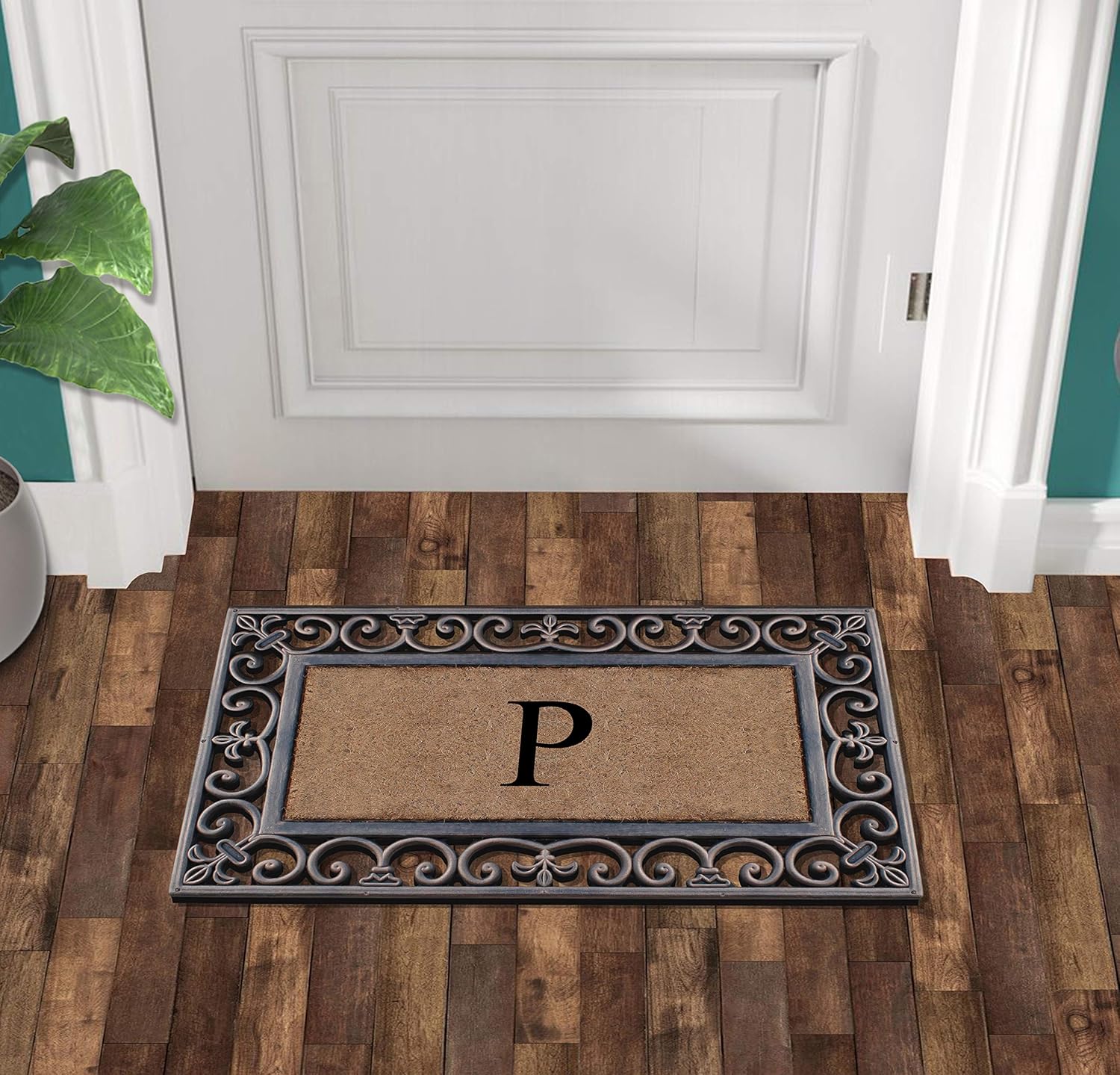 A1HC – Felpudo con monograma de goma natural y fibra de coco de 18 x 30 pulgadas, para puerta delantera, tratamiento antidesprendimientos, duradero,