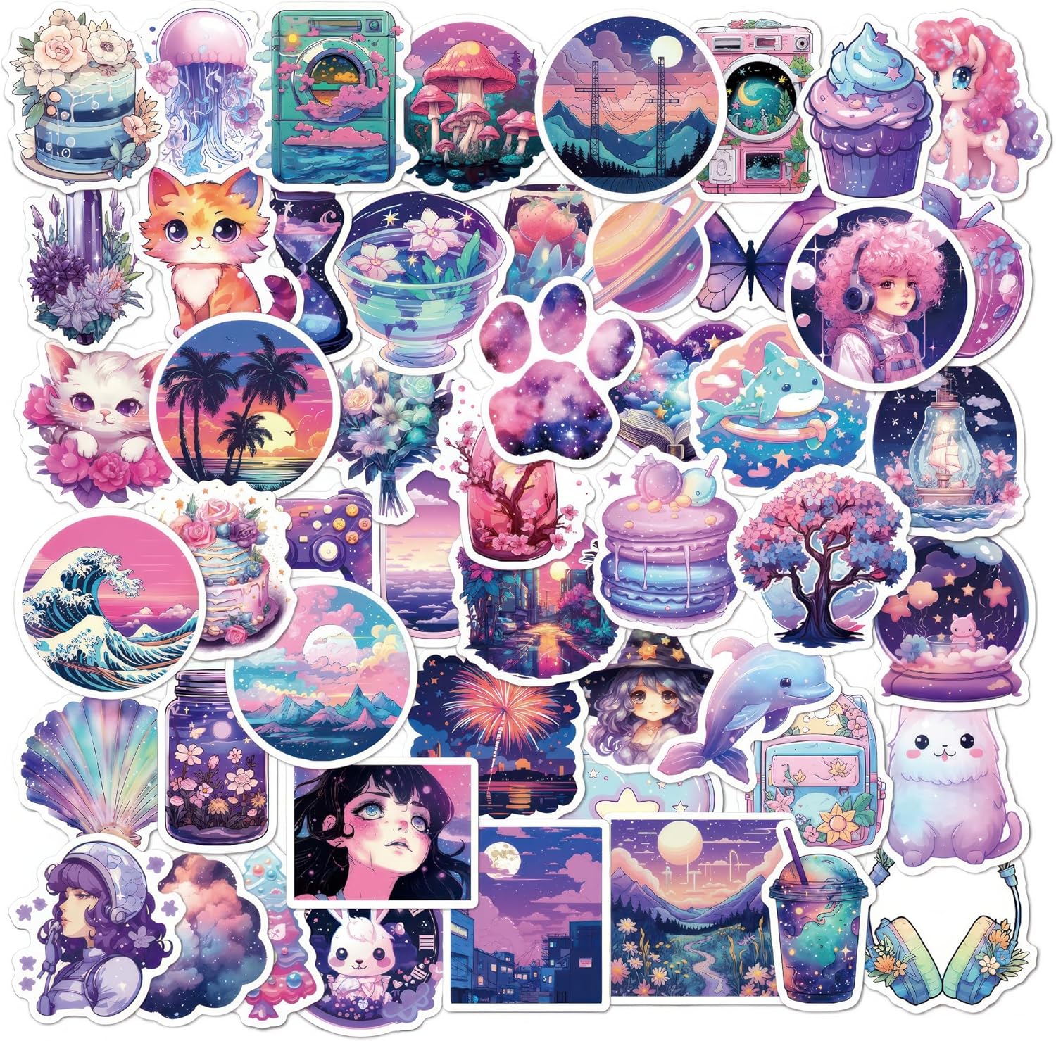 50 calcomanías de fantasía mágica de medianoche Kawaii para botellas de agua para niños, adolescentes, niñas, calcomanías moradas, calcomanías