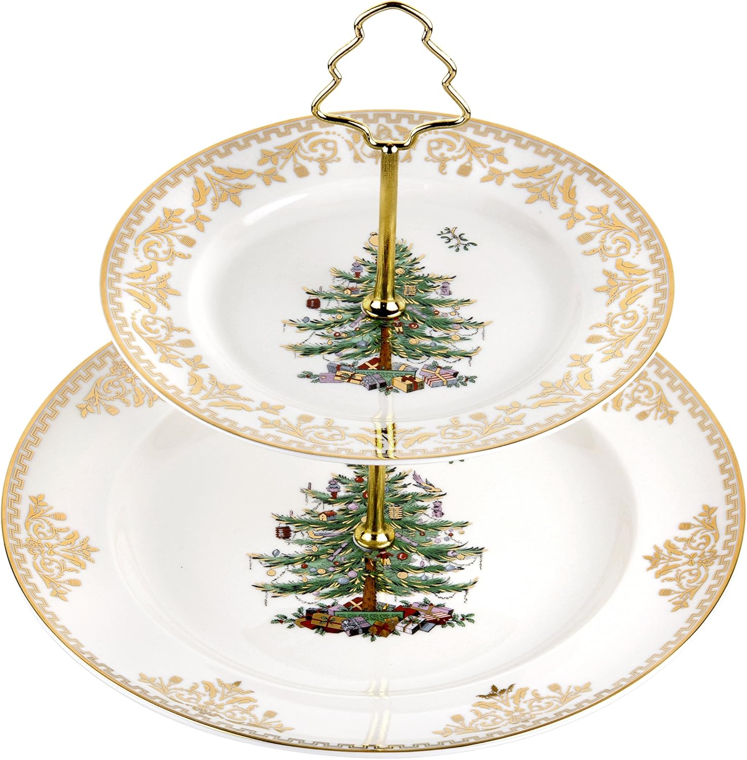 Spode Servidor dorado de 2 niveles para árbol de Navidad  Soporte para cupcakes  Juego de exhibición de mesa de postres  Soporte para cupcakes