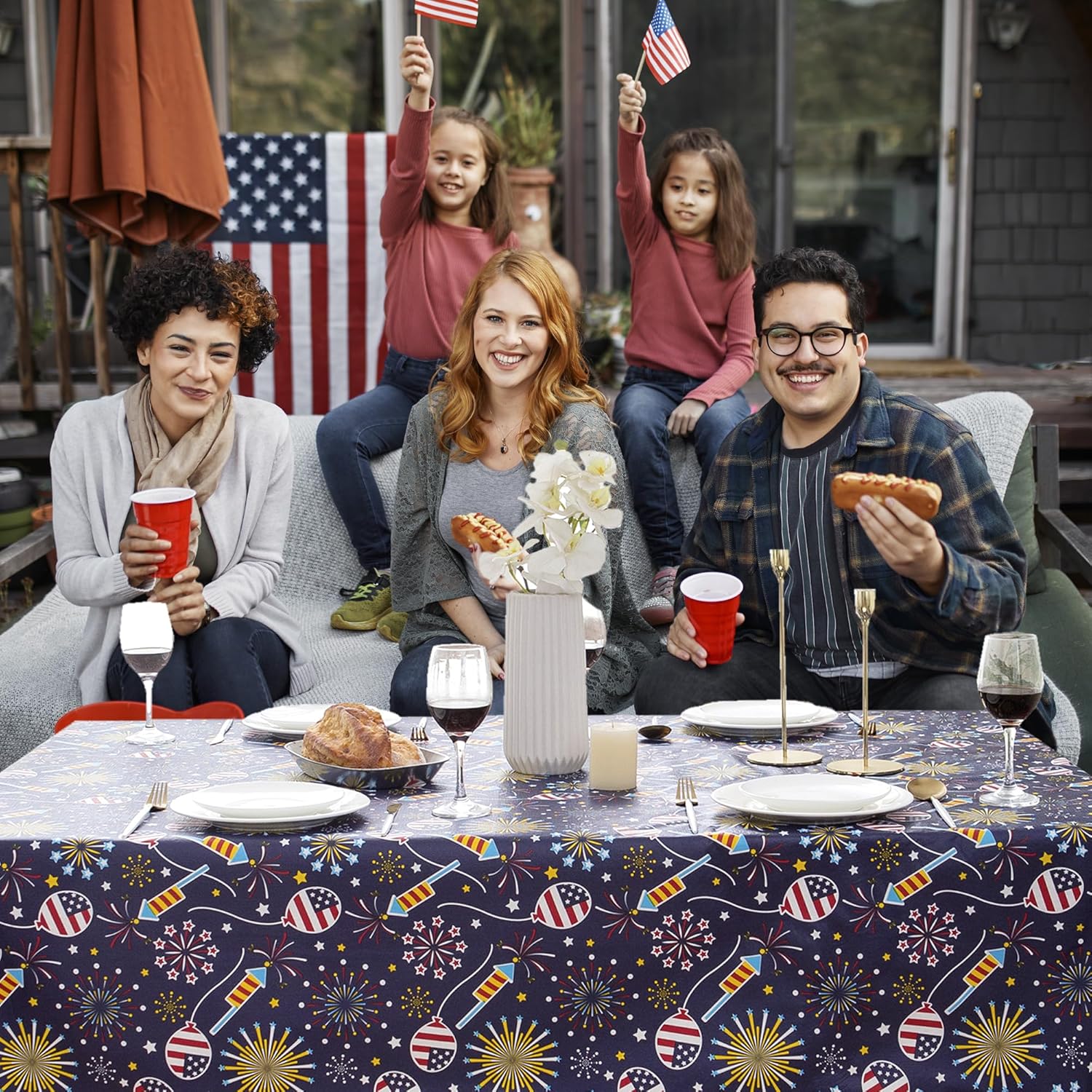 4th of July Table Cloth Vinyl Tablecloth 60×84 Inch Rectangular-Plastic Memorial Day Table Cover Printed with Fireworks and Balloons for Patriotic