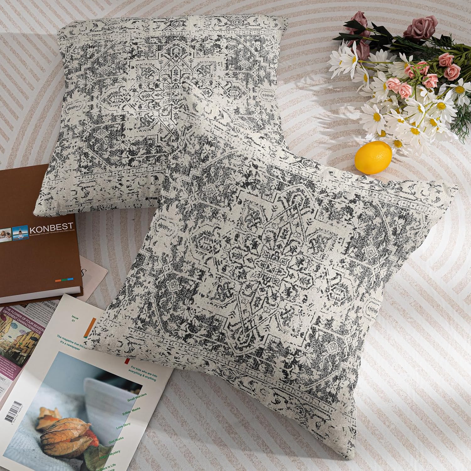 KSLIDS Juego de 2 fundas de almohada étnicas bohemias de 16 x 16 pulgadas, fundas decorativas geométricas de color negro, blanco, gris, decoración