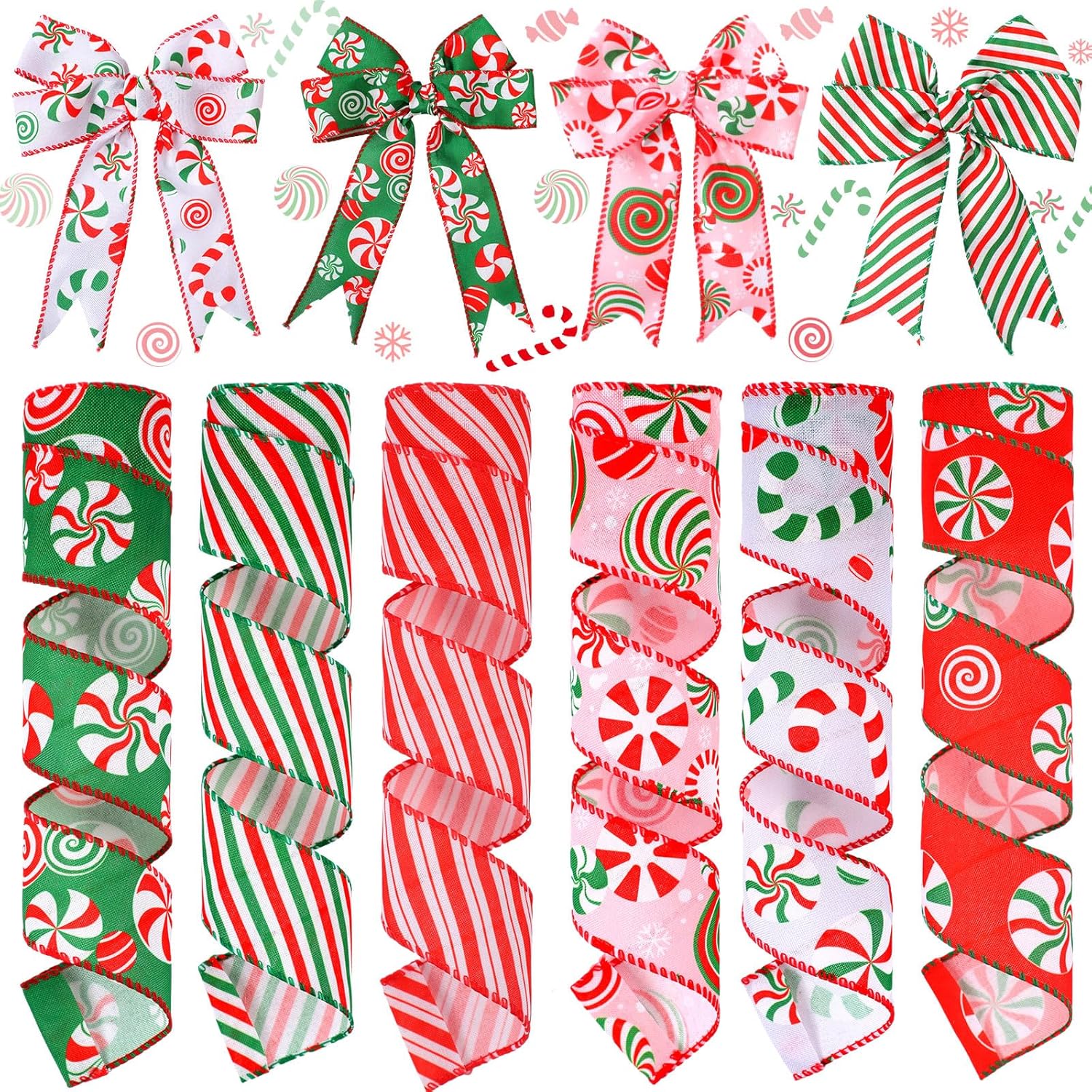 Yingzhao 6 rollos de 30 yardas de caramelo de Navidad de menta con borde con alambre, cinta de arpillera de caramelo de Navidad, cinta de arpillera