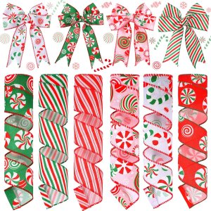 Yingzhao 6 rollos de 30 yardas de caramelo de Navidad de menta con borde con alambre, cinta de arpillera de caramelo de Navidad, cinta de arpillera Yingzhao 6 rollos de 30 yardas de caramelo de Navidad de menta con borde con alambre, cinta de arpillera de caramelo de Navidad, cinta de arpillera