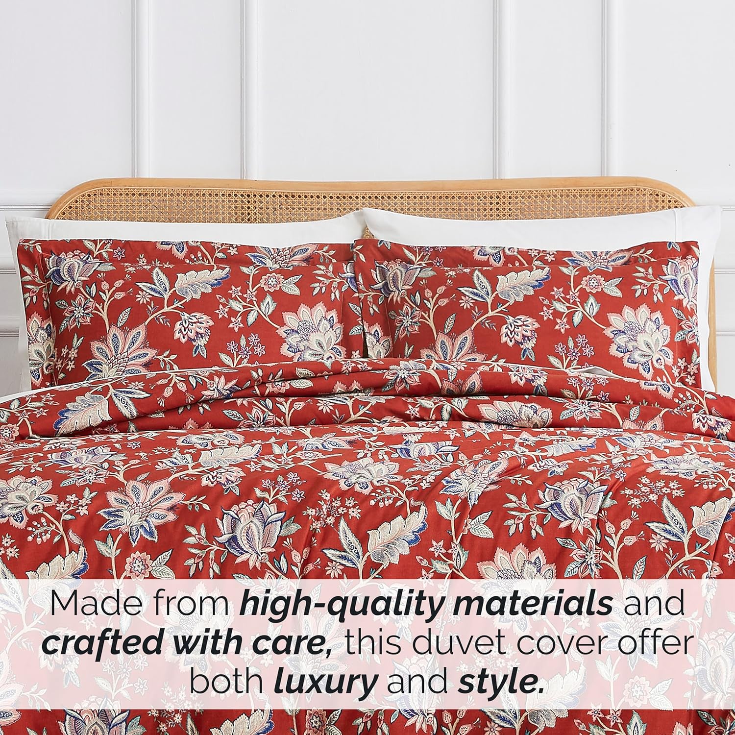 Southshore Fine Living, Inc. Jacobean Willow Collection – Juego de funda de edredón tamaño individual, funda de edredón floral roja de 2 piezas con