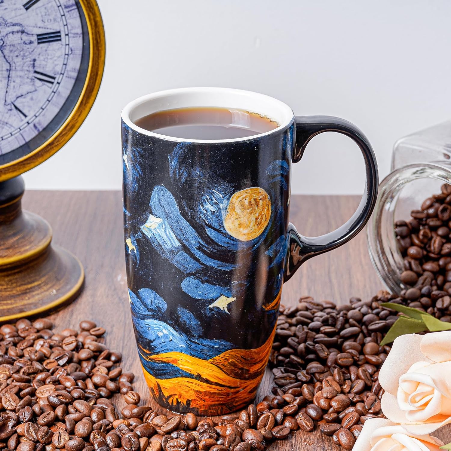 Topadorn Taza de café de cerámica para regalo con tapa de 17 onzas, taza de té alta de porcelana con asa para el hogar y la oficina, taza con patrón