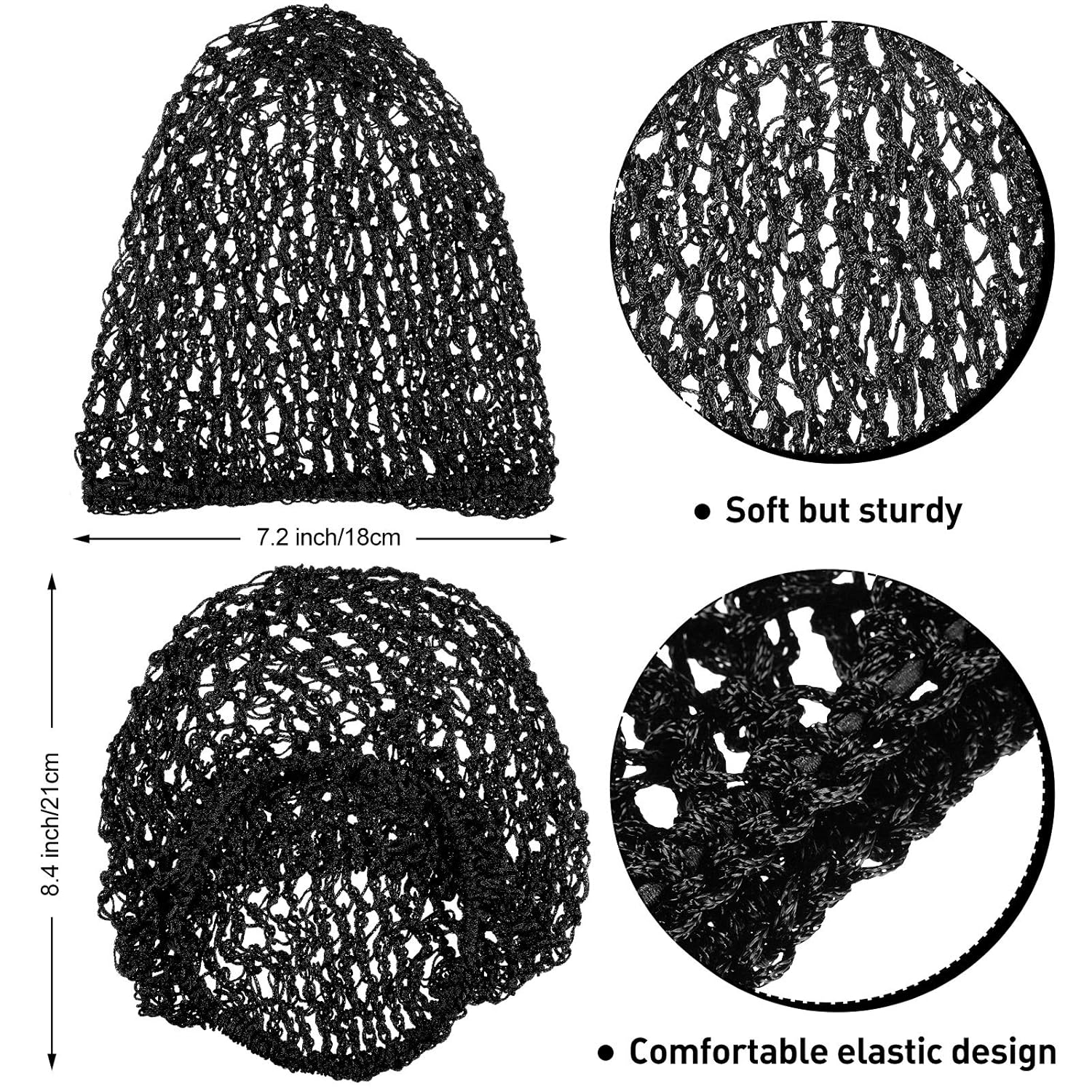 Waydress 2 piezas de malla para el pelo de rayón tejido de punto para mujer gorro de dormir de ganchillo (negro, gris)