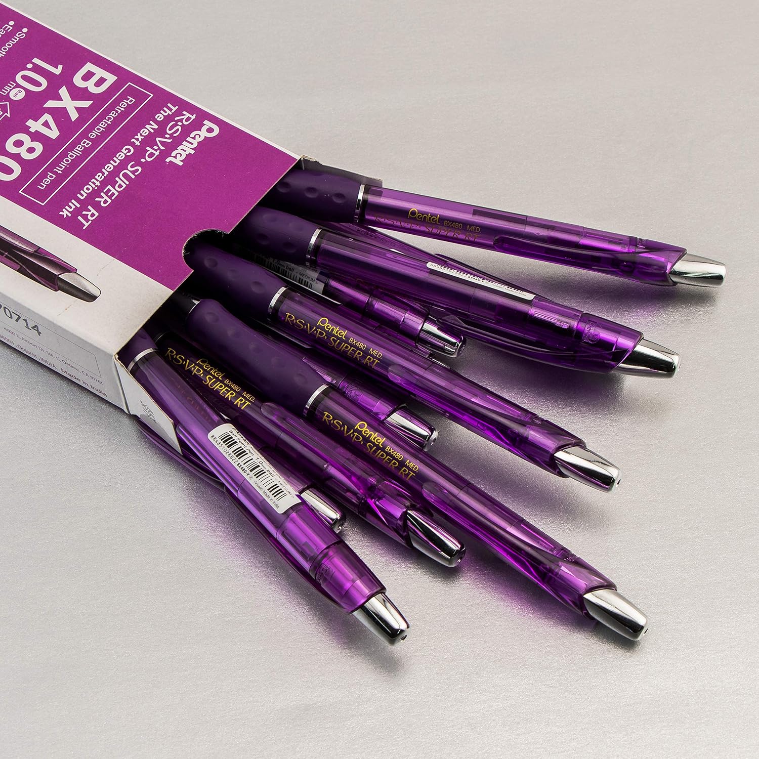 Pentel RSVP Super RT – Bolígrafo (0.039 pulgadas), línea media, tinta violeta, caja de 12 unidades (BX480-V)