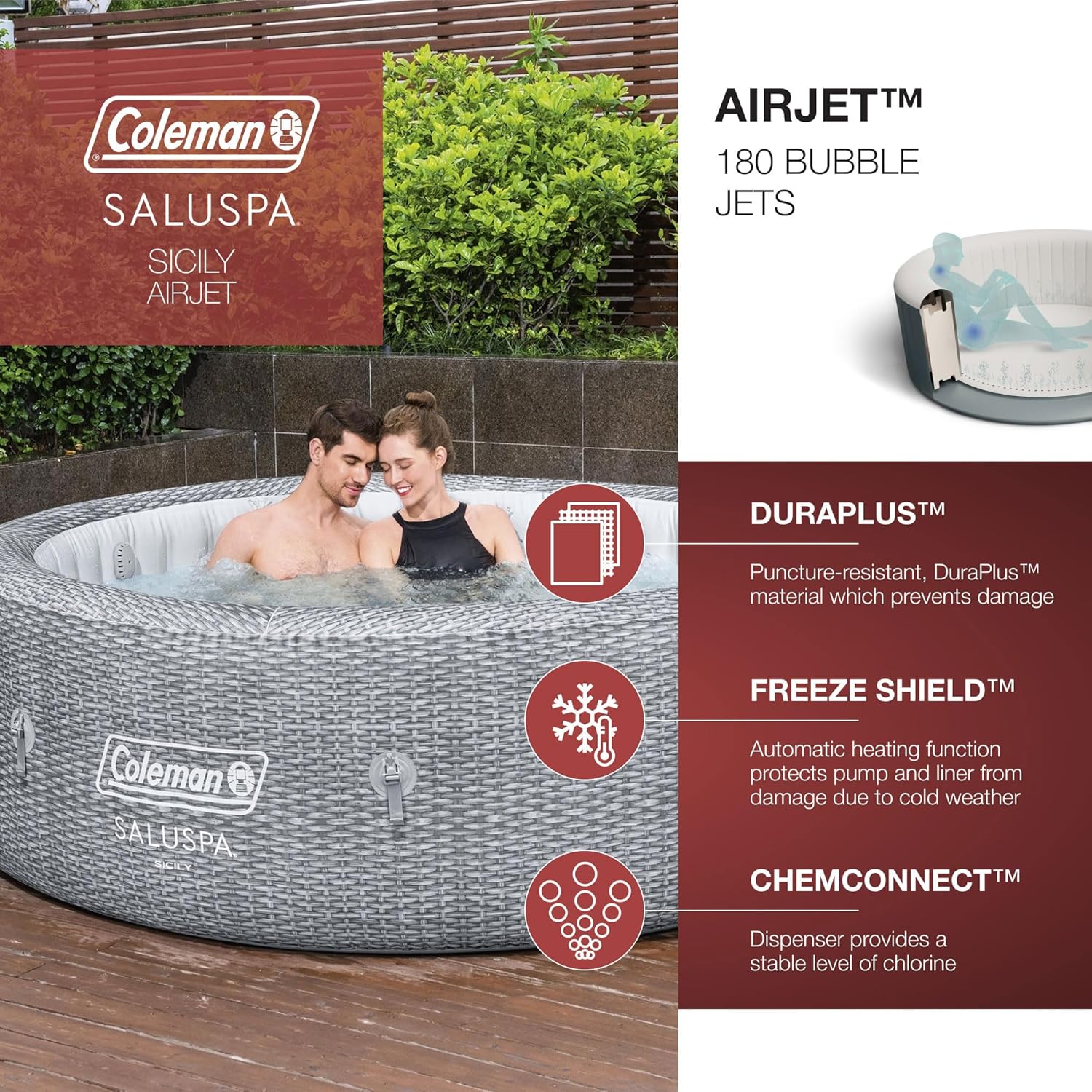 Coleman SaluSpa Sicily AirJet – Bañera de hidromasaje con 180 chorros relajantes con juego de 6 asientos antideslizantes para piscina y spa con