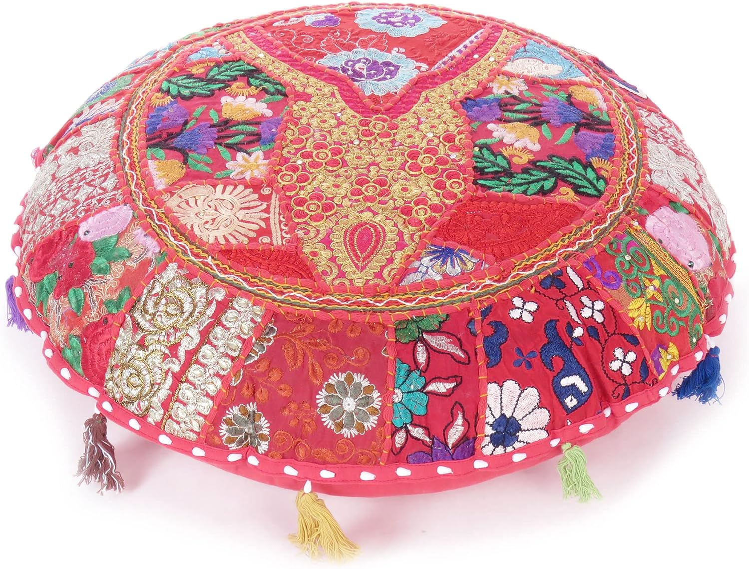 Mam Treasures – Funda de cojín decorativa redonda colorida de retazos para meditación, cojín de meditación, acento bohemio, funda india hecha a mano