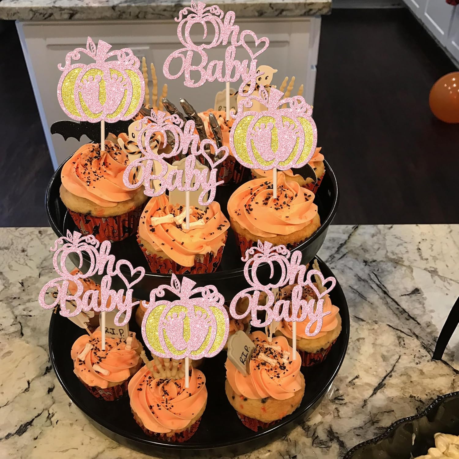 24 piezas de calabaza Oh Baby Cupcake Toppers Glitter Heart Baby Feet Calabaza Cupcake Picks para temática de otoño, baby shower, niños, cumpleaños,