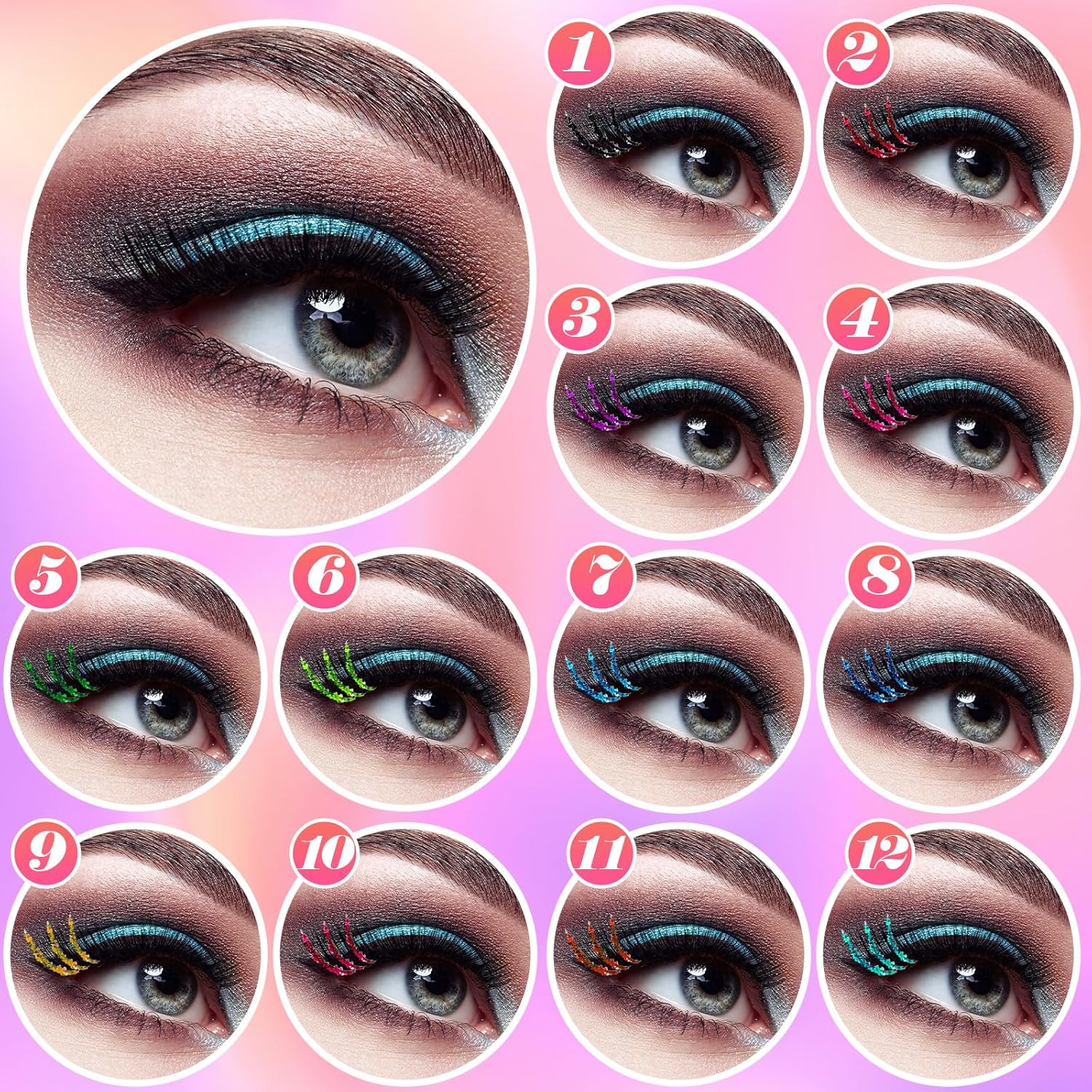 Extensiones de pestañas con purpurina de colores, pestañas individuales, bandeja de pestañas de un solo ojo con pinzas aplicadoras, juego de brochas