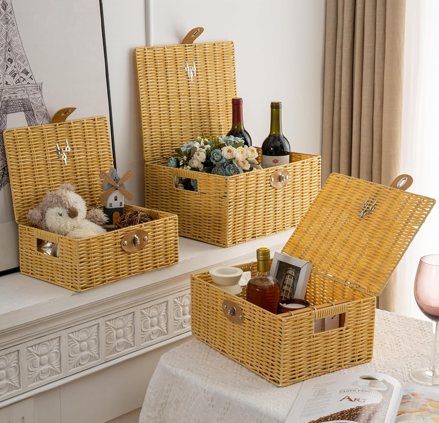 Homepeaz Cestas de almacenamiento de mimbre con tapas, juego de 3 cajas de almacenamiento decorativas para organizar, cestas tejidas con cerradura