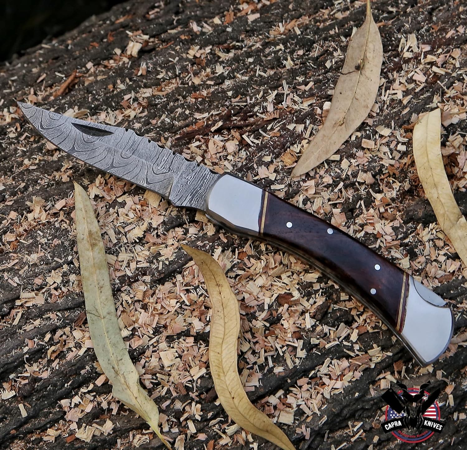 Capra Knives CK-42 Cuchillo de bolsillo plegable hecho a mano de 5 pulgadas plegado, 9 pulgadas de largo en total, mango de madera de rosa de 8