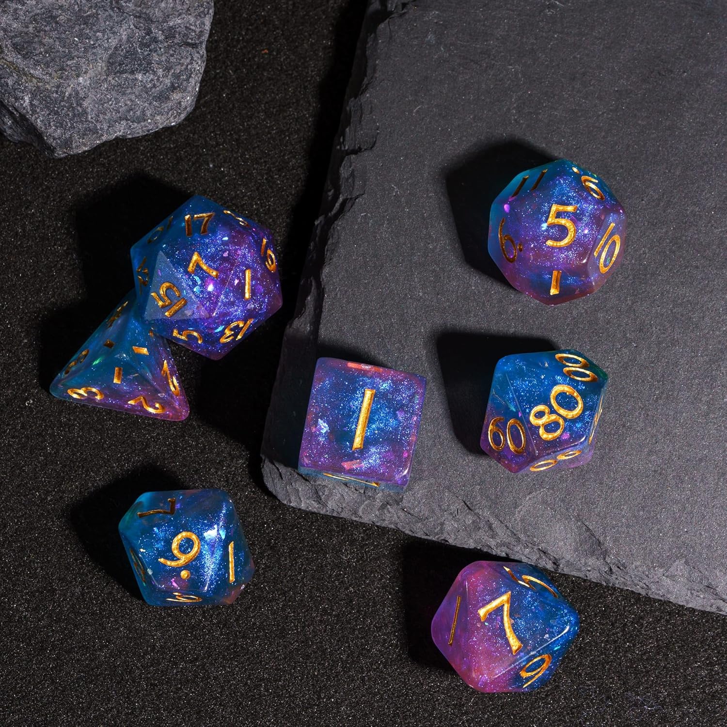 HDdais DND – Juego de dados poliédricos azules rellenos de purpurina para juegos de rol de Calabozos y Dragones y juegos de mesa