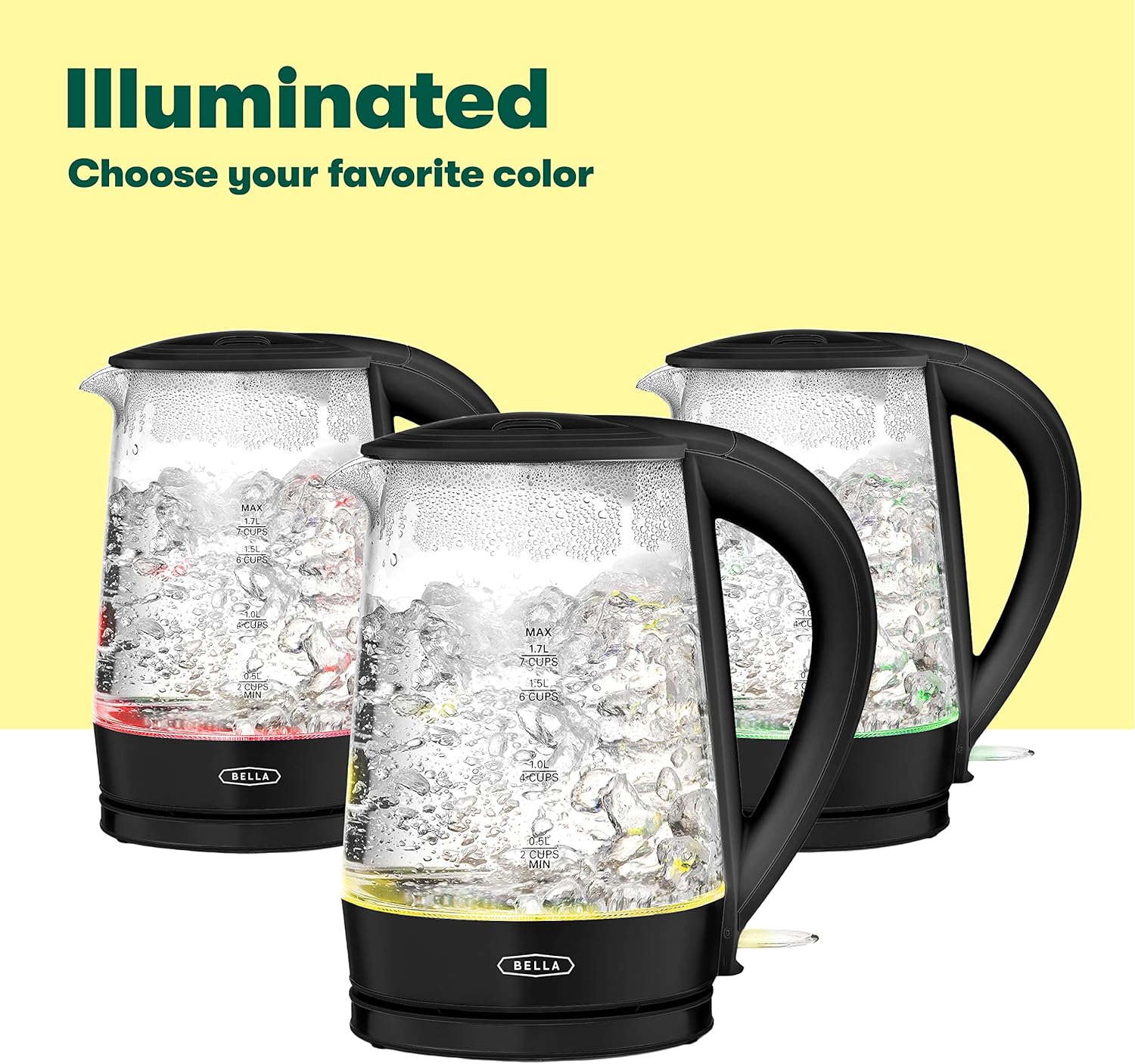 BELLA Hervidor eléctrico de vidrio de 1.7 litros, hierve rápidamente 7 tazas de agua en 6-7 minutos, las luces LED amarillas suaves se iluminan