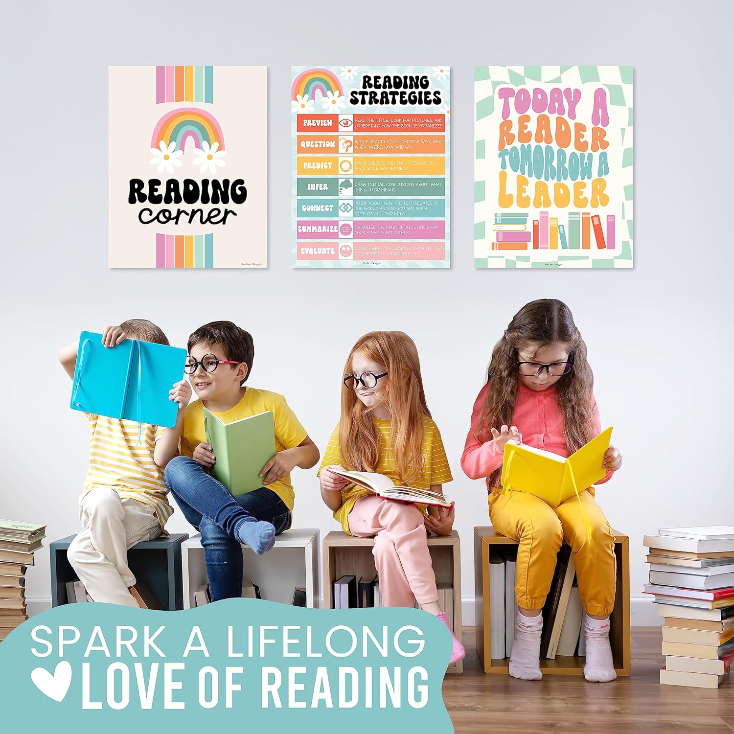 Hadley Designs 6 carteles de lectura retro para decoración de biblioteca de aula para la escuela, carteles de lectura para escuela primaria, juegos
