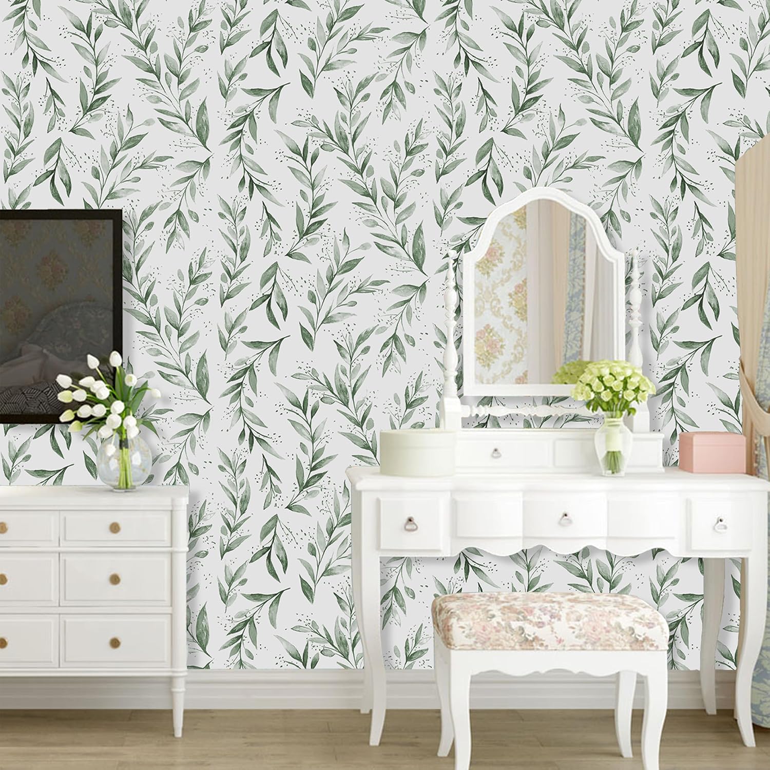 Dzhuywer Papel tapiz de hojas verdes, papel de contacto floral vintage, papel tapiz bohemio autoadhesivo, extraíble, papel tapiz de hojas de sauce,