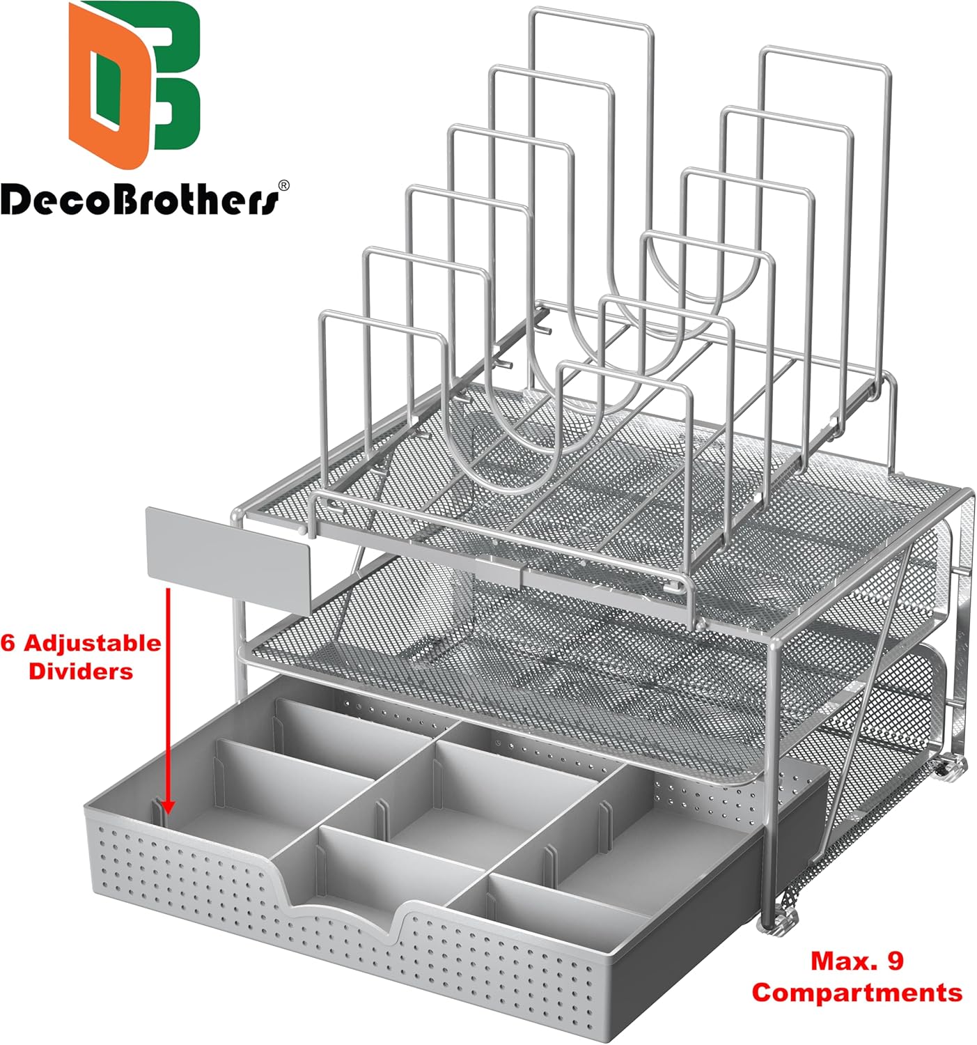 Organizador de objetos de escritorio DecoBros de rejilla, con doble bandeja y 5 secciones diferentes, Plateado