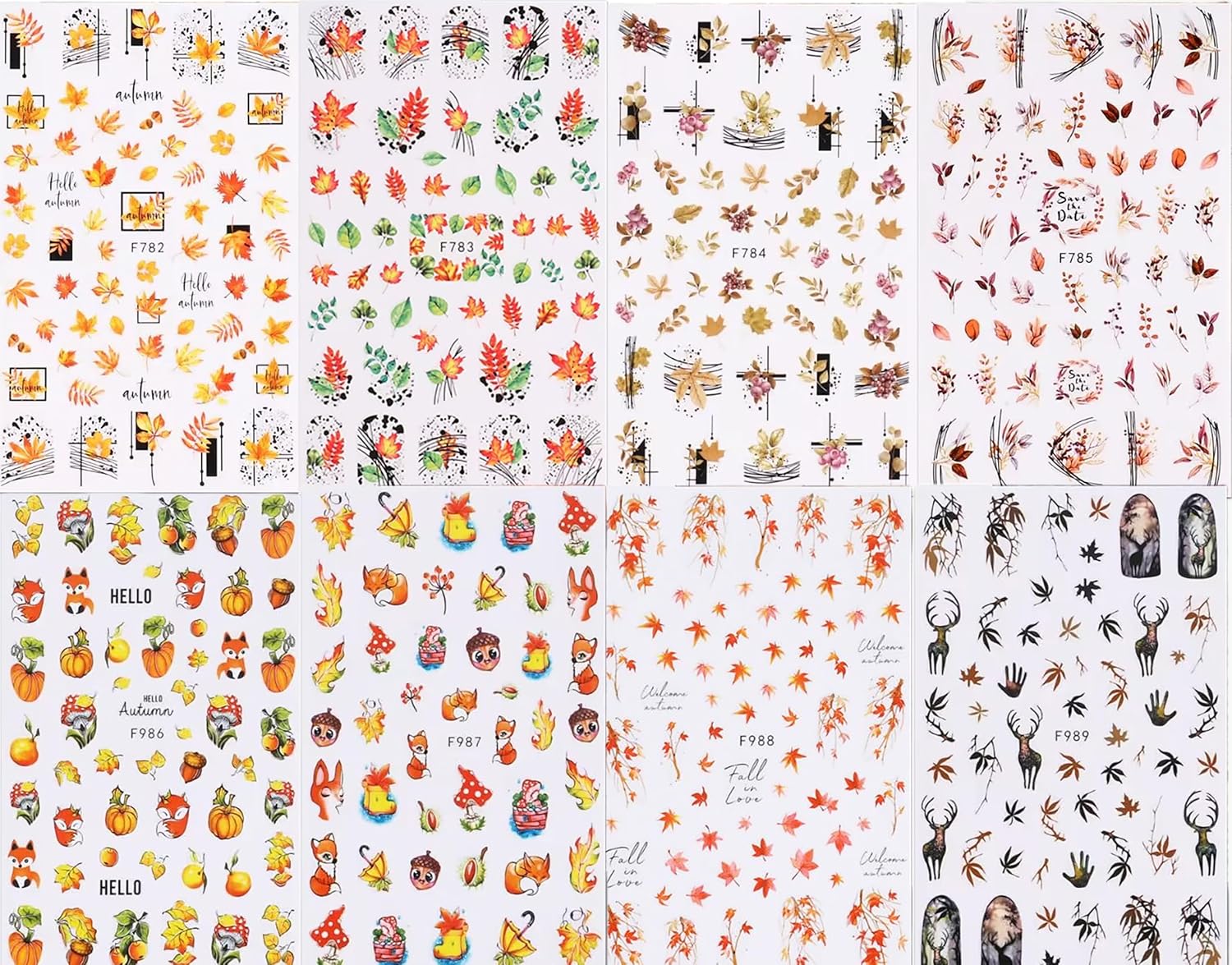 8 hojas de calcomanías de uñas navideñas autoadhesivas 3D, suministros de uñas de temporada, diseño de zorro, alce, hoja de arce, calabaza, diseño