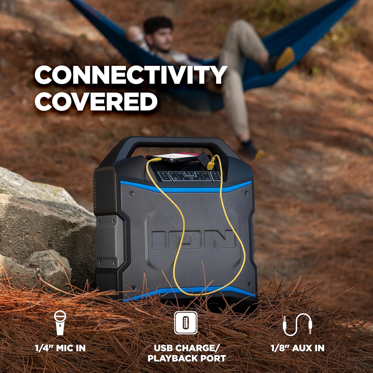 ION Block Rocker – Altavoz portátil Bluetooth para fiestas al aire libre con micrófono de karaoke, batería, 4 altavoces, radio, puerto USB,