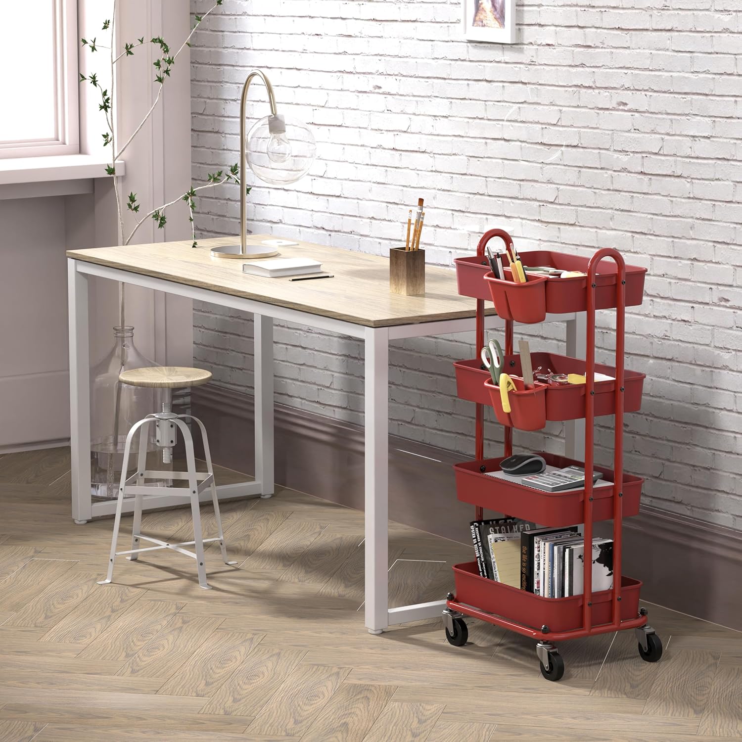 SimpleHouseware – Carrito utilitario multifuncional de 4 niveles con divisores de cesta y cubos colgantes, color rojo