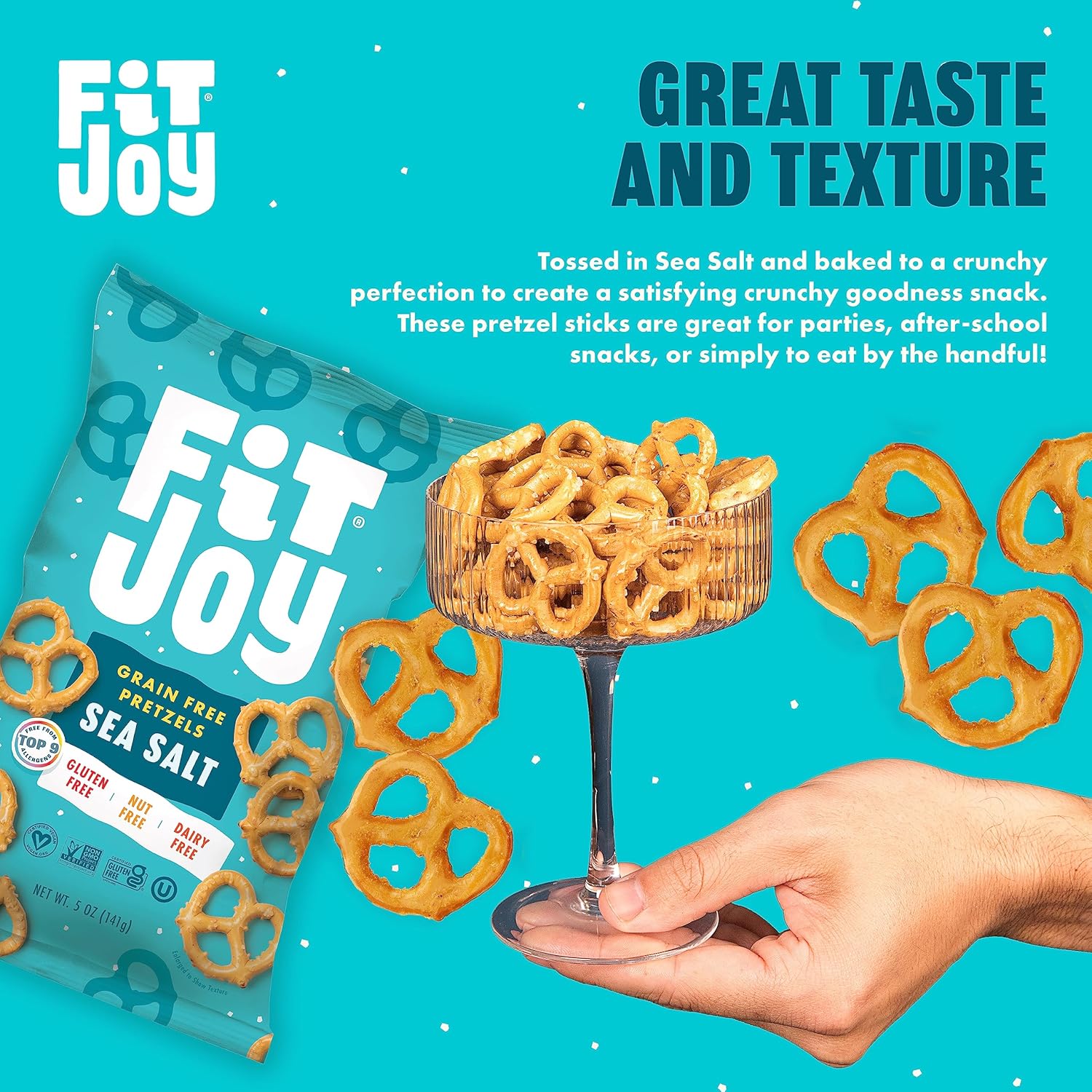 FitJoy Pretzels sin gluten, giros de sal marina, sin granos aperitivos sin gluten con crujiente crujiente hecho en EE. UU. – Sin nueces, sin OMG,
