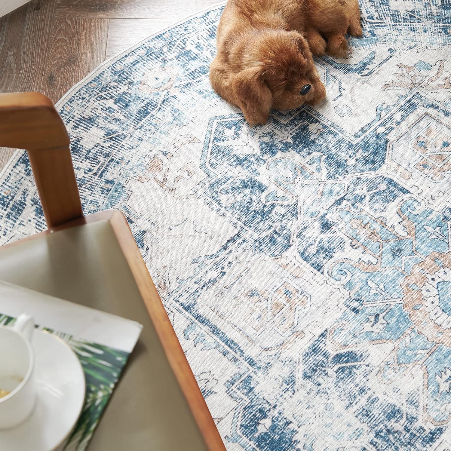 jinchan Tapete redondo de felpilla de 5 pies, lavable, vintage para interiores, con estampado azul multi, desgastado, antideslizante para cocina,