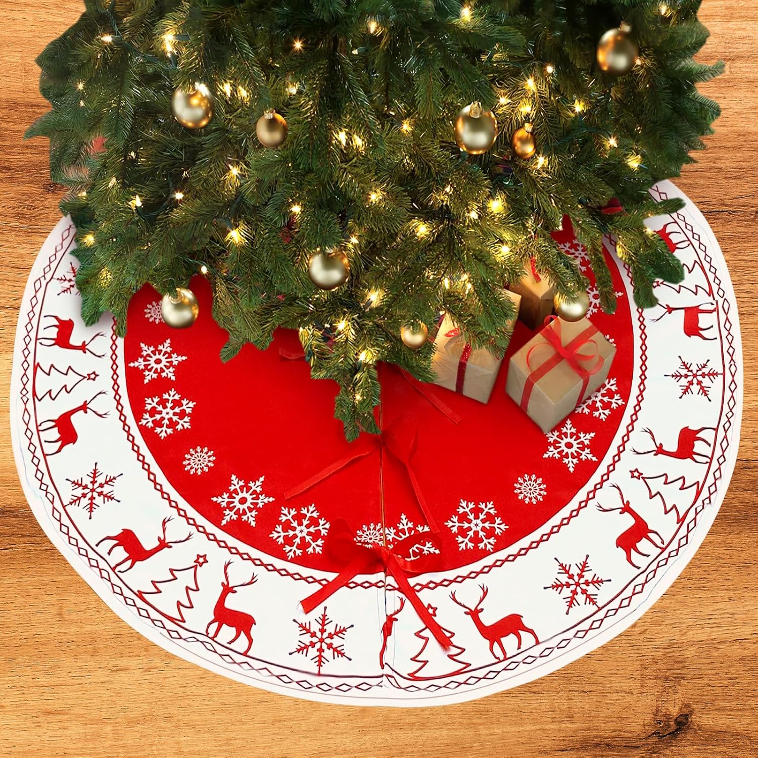 OurWarm Falda de árbol de Navidad de 48 pulgadas, faldas grandes para árbol de Navidad con patrón de copo de nieve y reno, tapete de árbol rojo y
