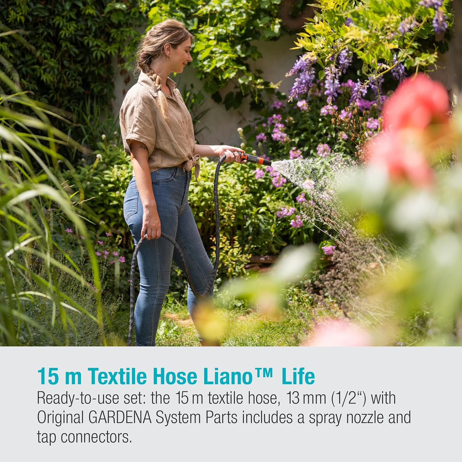 Gardena Liano Life – Manguera textil de 12 pulgada, 49.2 ft manguera de jardín textil altamente flexible, con tubo interior de PVC, sin torceduras,
