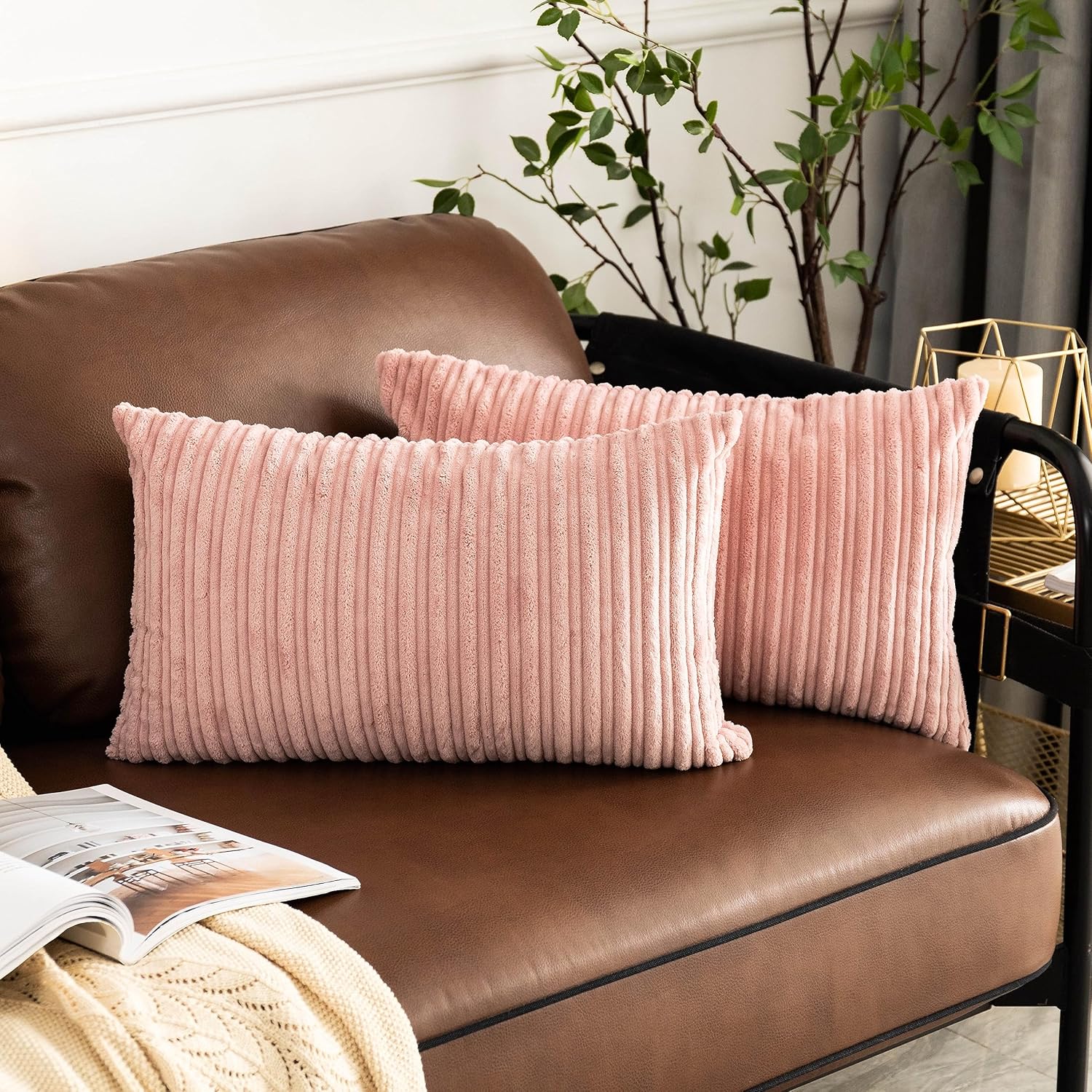 UGASA – Fundas para almohada de franela de terciopelo supersuaves, a rayas