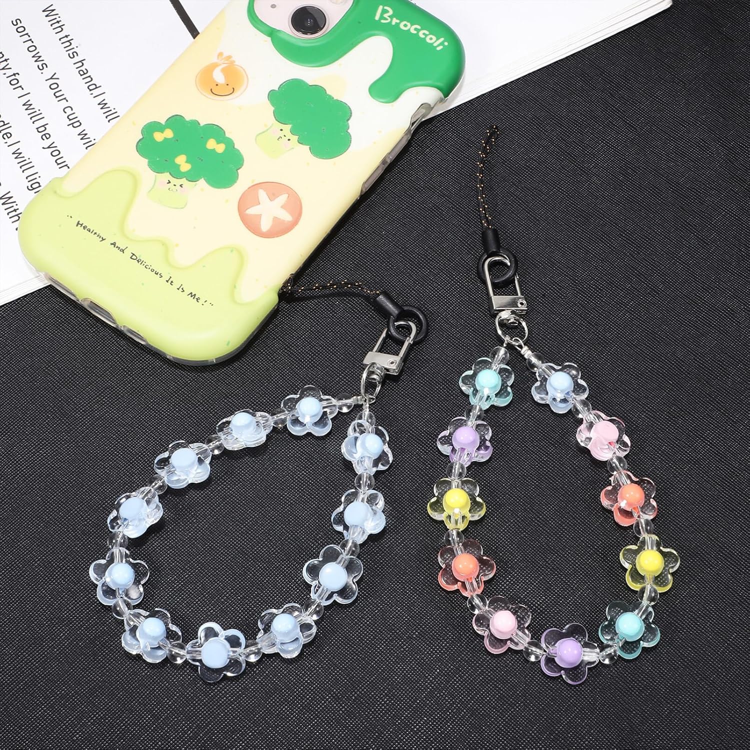 UKCOCO 2 correas de muñeca con cuentas para teléfono, bonitos dijes de flores para teléfono, llavero antipérdida para mujeres y niñas, Acrílico, No