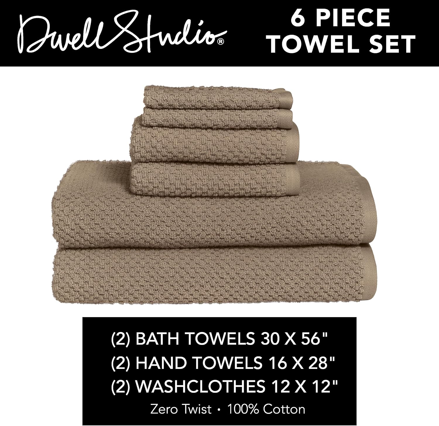 Dwell Studio Wicker Park – Juego de 6 toallas de 100 % algodón ultra suave, 2 toallas de baño, 2 toallas de mano, 2 toallas pequeñas, algodón de