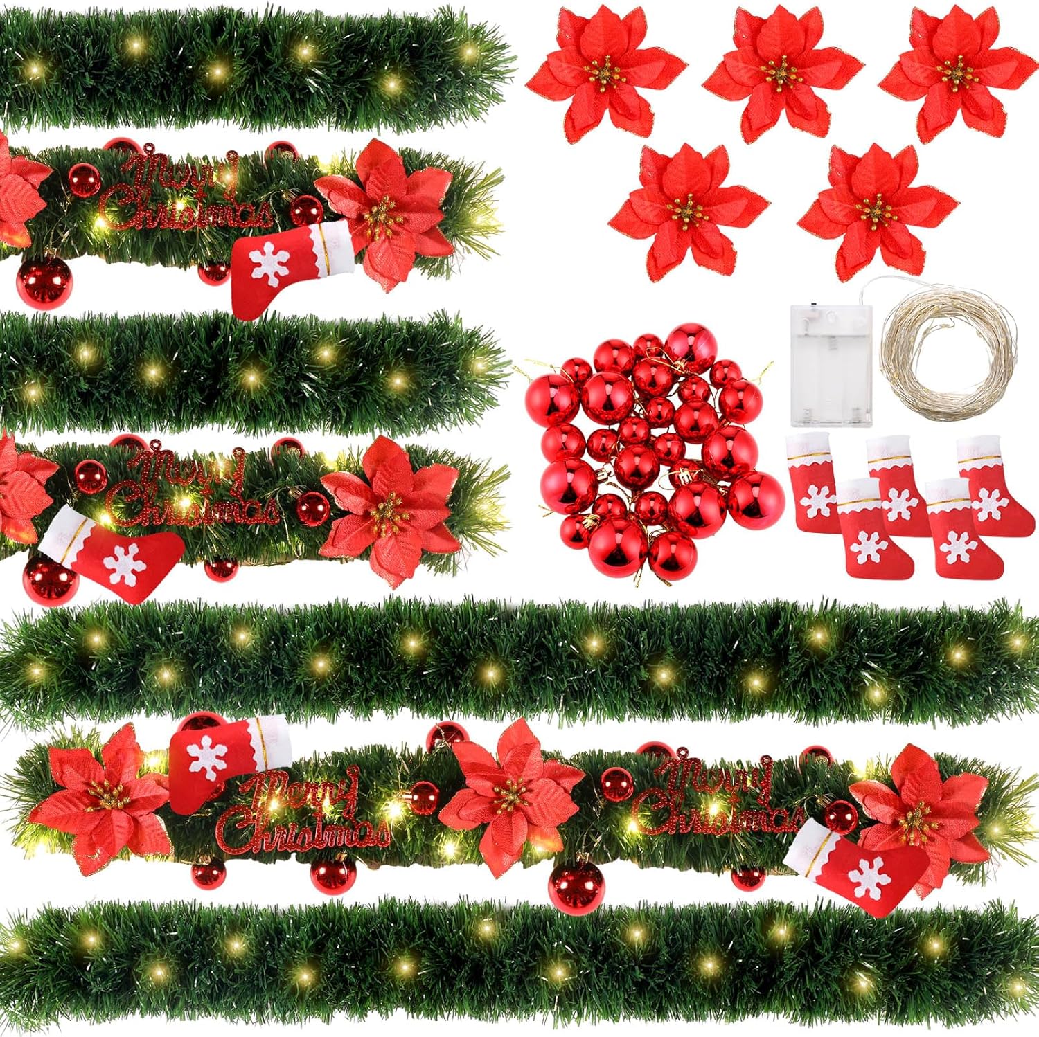 Juego de guirnaldas artificiales de Navidad de 300 pies con luces LED, adornos de bolas, guirnalda de Navidad, accesorios de decoración de