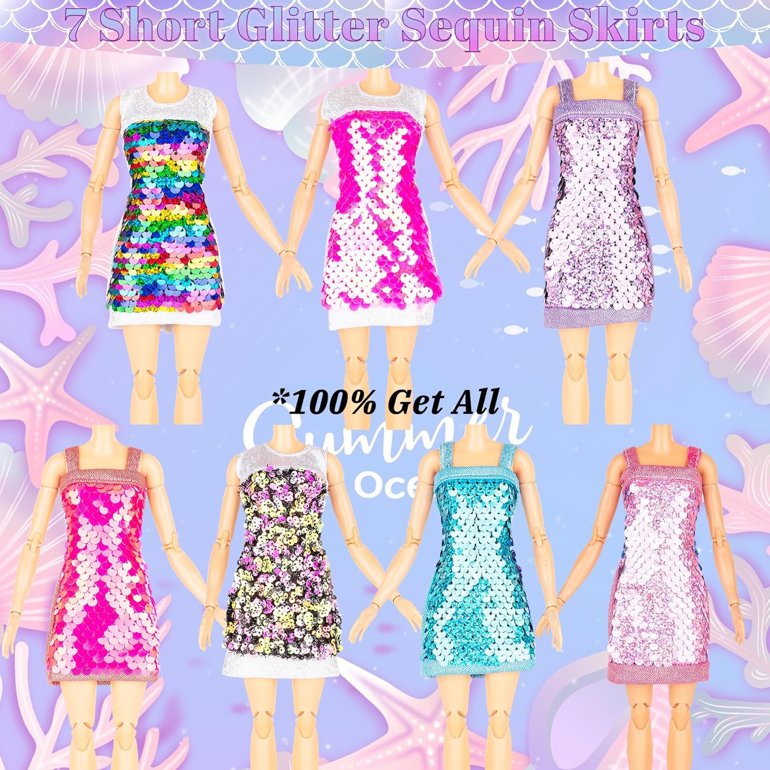Ropa y accesorios de muñeca de sirena con lentejuelas y brillantina, 12 vestidos de fiesta con purpurina brillante, 2 adornos de corona diferentes y
