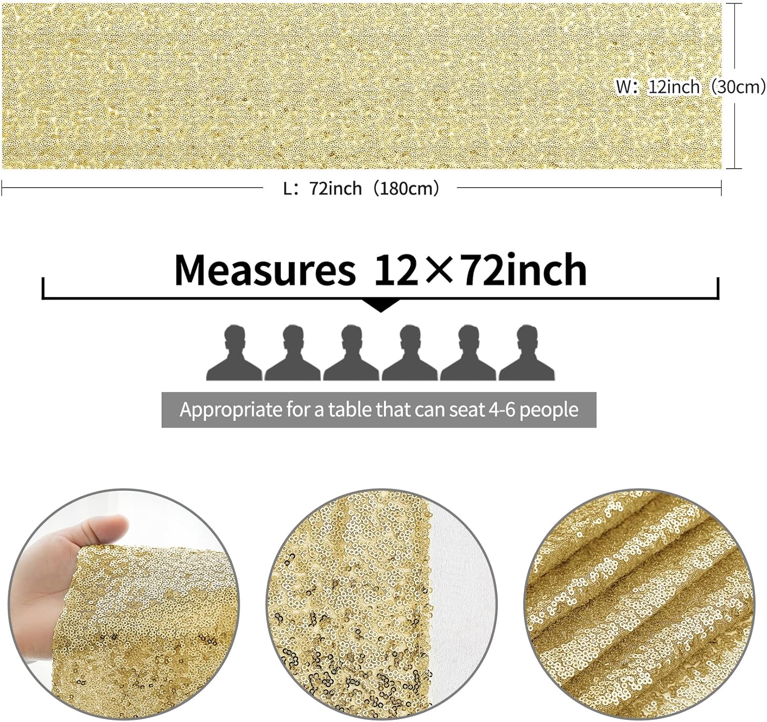 Camino de mesa de lentejuelas doradas, paquete de 12 caminos de mesa con purpurina de 12 x 72 pulgadas, mantel de lentejuelas doradas para mesas,