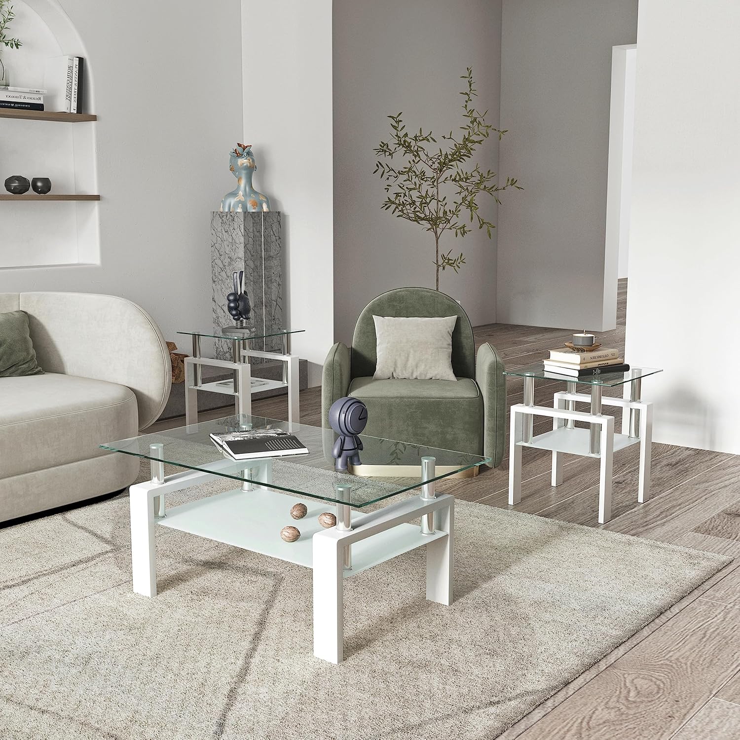 Mesa auxiliar de cristal para sala de estar, mesa de cóctel Mordern blanca de 2 capas para sofá con almacenamiento rectangular de vidrio templado,