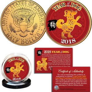 2018 CNY chino Año Nuevo del Perro 24K chapado en oro JFK Moneda de medio dólar 2018 CNY chino Año Nuevo del Perro 24K chapado en oro JFK Moneda de medio dólar
