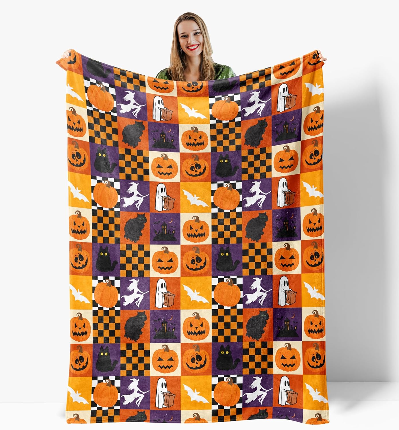 Manta de Halloween a cuadros, bonita manta hecha en Estados Unidos, manta de forro polar espeluznante cálida y suave, decoración de Halloween,