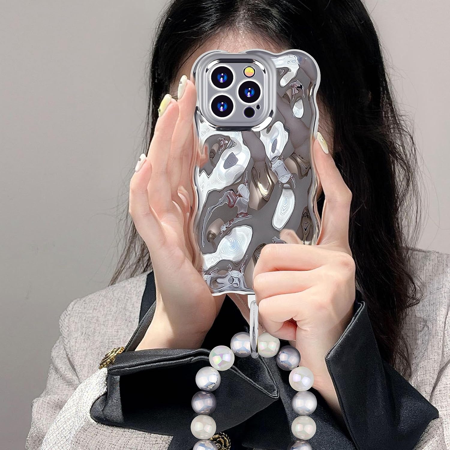 Ucharmbead Funda protectora compatible con iPhone 14 Pro Max con correa de muñeca para teléfono con cuentas para teléfono celular, accesorios para