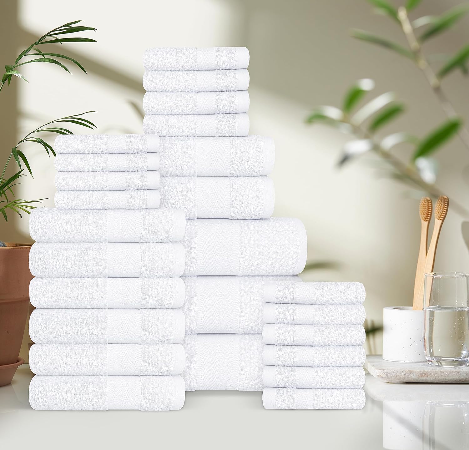 Oakias Juego de toallas blancas de 64 piezas de 21.16 ozm, 16 toallas de baño, 16 toallas de mano y 32 toallas pequeñas, altamente absorbentes