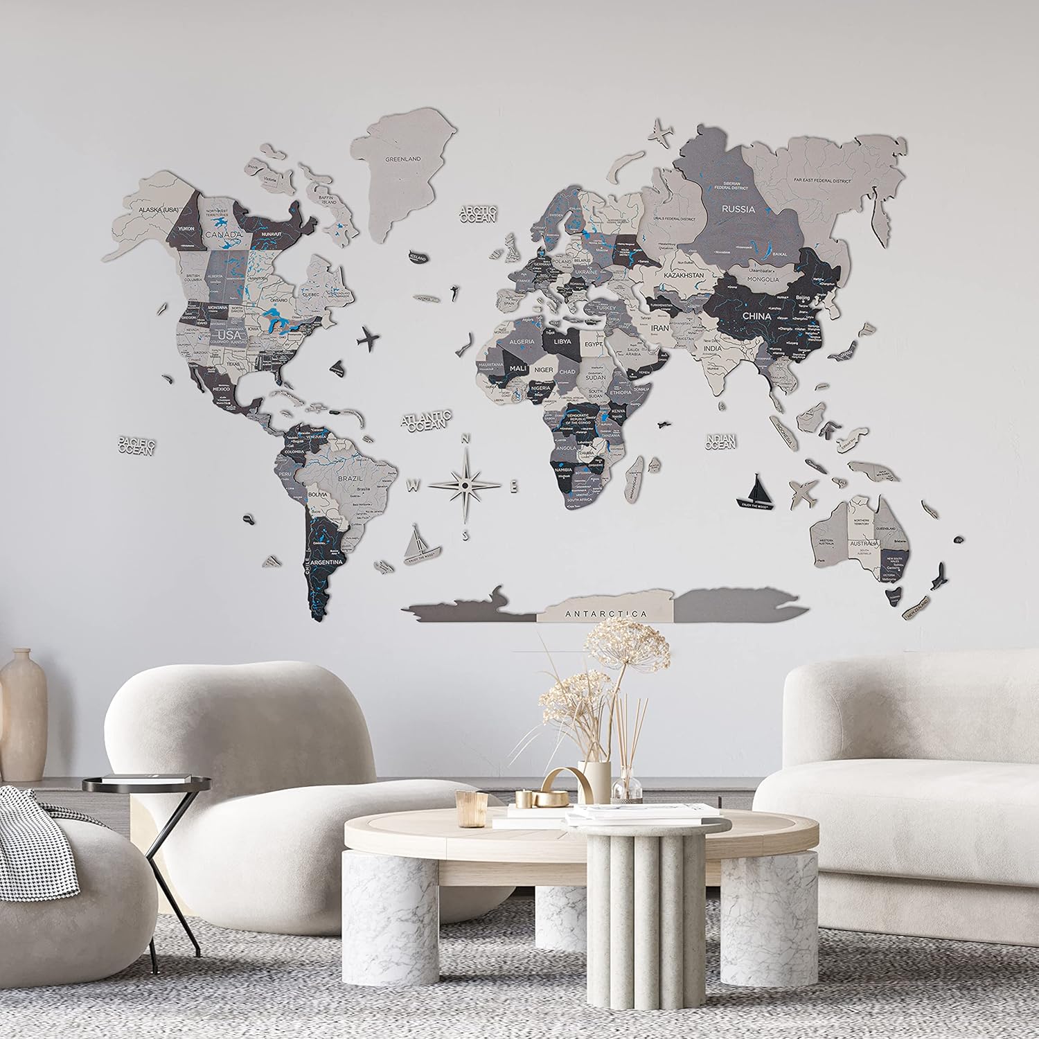 Handcrafted 3D Wooden Map – 3D World Map, Large Wall Art Wood Map, Kithcen & Home Decor. Housewarming Gift – Wood Art, Wooden Travel Map with Rivers