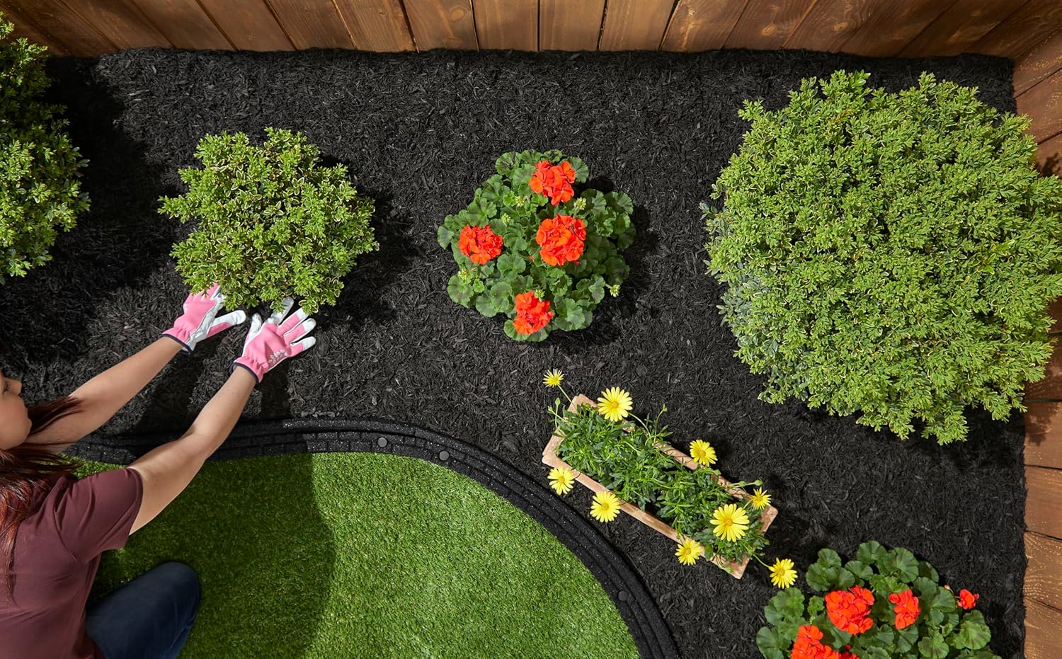 Rubberific Mantillo de goma triturada prémium para jardines, césped y paisajismo, color de larga duración, parece mantillo de madera natural (1.5