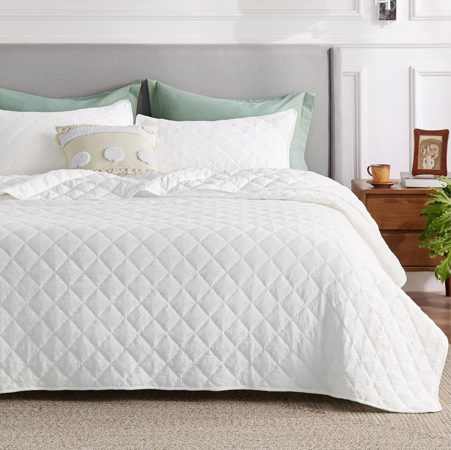Bedsure Colcha bohemia tamaño Queen, color blanco, elegante patrón de diamantes, colchas y colchas ultrasuaves y ligeras, juegos de ropa de cama