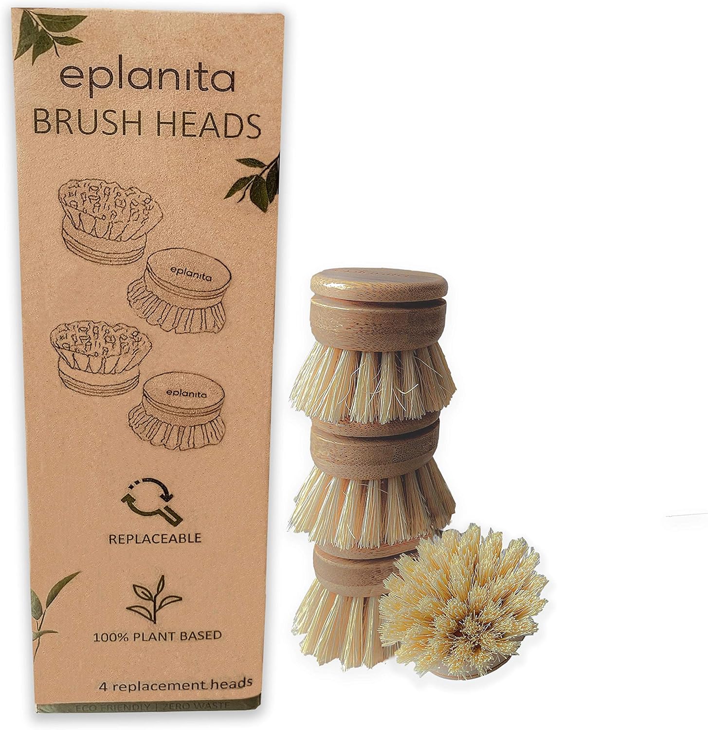 eplanita Cabezales de cepillo de repuesto (paquete de 4) para cepillo de platos de bambú, repuestos de cerdas de sisal, fibras de cactus de agave,
